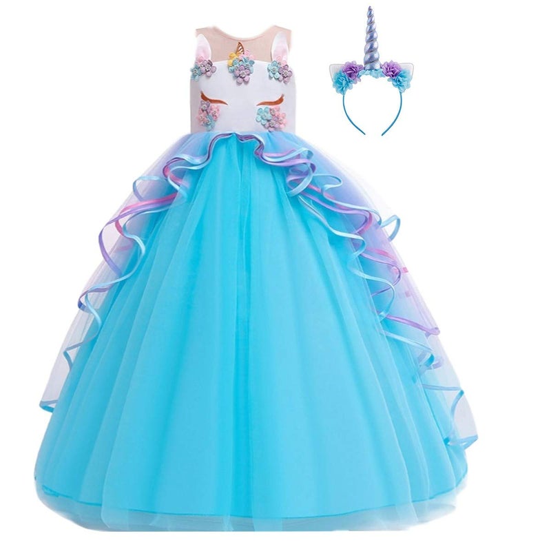 HIHCBF Girls Unicorn Costume Pageant Princess Party Dress Wedding Birthday Halloween Carnival Long Maxi Gown w/Headband Blue 4-5T - Image 1